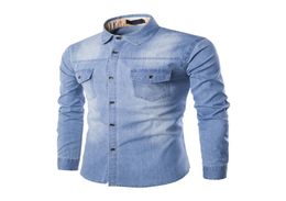 2020 New Denim Shirt Men Long Sleeve Slim Mens Jean Shirt Top quality Cotton Double Pockets Casual Male Cowboy Shirt Size 6XL3763135
