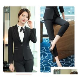 Two Piece Dress Black Elegant Formall Ladies Suit Skirts And Tops Woman Blazer Suits Jacket Clothing 2 Set Complete Office Outfittwo D Dh5Me