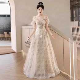 Party Dresses Elegant Apricot Evening Dress Women's Off The Shoulder Straps Flower Appliques A-line Printed Floor Length Lace Up Vestido