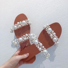 Slippers 2024 Women Bohemian Pearl Flat Bottom Sandals Summer Open Toe Ladies Shoes Crystal Flip Flops Chaussure Femme