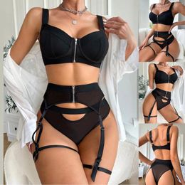 Bras Sets Sexy Bra And Panty With Garters Women Zipper Up Gathered Hollow Out Lingerie For Transparent Mesh Underwear Set