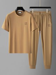 JSBDNZ summer highend light luxury ice silk trend stretch shortsleeved Tshirt twopiece mens casual sports suit 240517