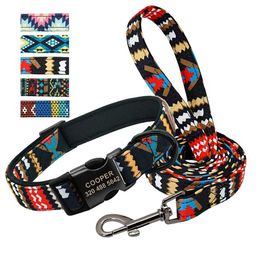 Dog Collars Leashes Personalized Collar WIth Leash Nylon Custom Pet ID Colorful Printed Dogs Walking for Small Medium Large H240522