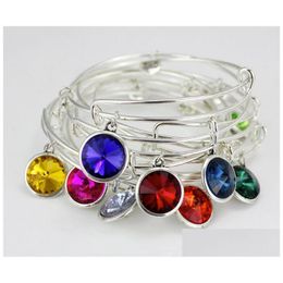 Bangle Women Sier Bangles Birthstone Crystal Adjustable Expandable Wire Love Heart Bracelet Girls Birth Stone Jewellery Drop Delivery B Dhi0H