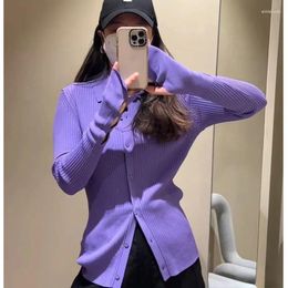 Women's Knits Autumn Winter Women Slim Fit Purple Sweater Ribbed Knitted Cardigan Girls Cute Knit Top Long Sleeve Button Up Street Knitwear