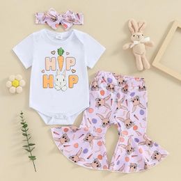 Clothing Sets 2024-12-28 Lioraitiin Toddler Baby Girl Easter Set Short Sleeve Print Romper Elastic Waist Flare Pants Headband Outfits