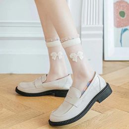 Women Socks Ultra-thin Lattice Crystal Silk Mesh Bow Spring Summer Women's Glass Middle Tube Cotton Hosiery