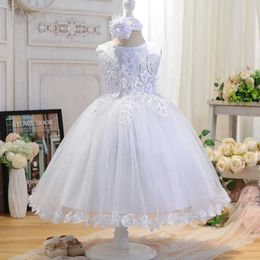 Christening dresses Baby Girl Party Long sleeved Dress Lace Pearl Flower Dress Baby Girl First Birthday Princess White Baptist Party Dress Q240521