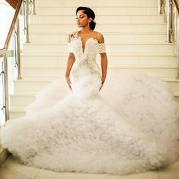 Aso Ebi 2024 Ivory Mermaid Wedding Dresses Florals Pearls Beaded Crystals Lace Tiers Bridal Gowns Dress LF553