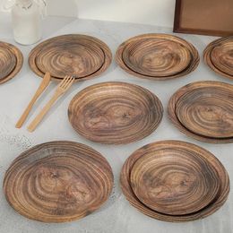 10pcs 7inch 9inch retro imitation wood grain disposable plate paper tray birthday party holiday decoration household ite 240510