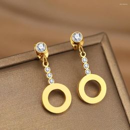 Dangle Earrings Stainless Steel Round Sparkling Pendants Crystal Zircon Light Luxury For Women Jewelry High-end Sense