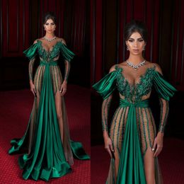 Dark Green Evening Dresses Sheer Jewel Neck High Side Split Long Sleeve Mermaid Prom Dress Satin Saudi Arabia Celebrity Red Carpet Gown 246C