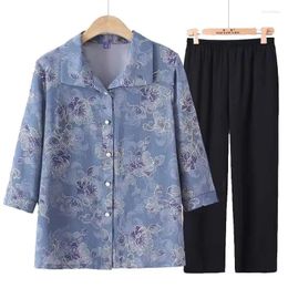 Women's Two Piece Pants 2PCS 2024 Summer Middle Aged Mother Sleeve Ladies Shirt Elegant Loose Appear Thin Female 2-Piece Suit