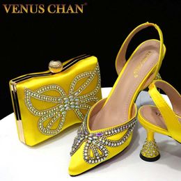 Sandals Dress Shoes Venus Chan 2023 Yellow Classic Bow Toe Womens Shoes High Heels Elegant Sandals Shallow Mouth Shoe Bag Set Womens Shoes J240522