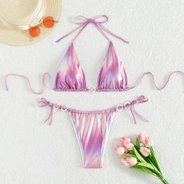 Women's Swimwear Pink Shiny Swimsuit For Women 2024 Hollow Out Ring 2 Piece Bikini Set Sexy Suspender Backless Lace-up Bathing Suit