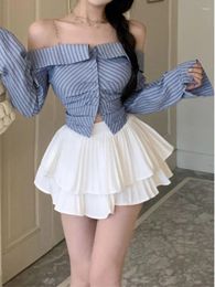 Skirts Blue Striped One Shoulder Long Sleeved Shirt Women's Spring Temperament Off The Slim Fit Waist Half Skirt XW7Q