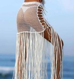 Hand Crocheted Wrap Dress Sunscreen Skirt Bohemian Hollow Out Long Fringed Dresses CoverUps Women039s Swimwear9387578