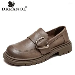 Casual Shoes DRKANOL British Style Women Loafers Slip-On Flat Luxury Genuine Leather Low Top Metal Buckle Flats Handmade