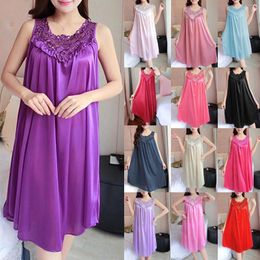 Women's Sleepwear Large Sexy Night Dress Ice Silk Satin Female Nightgown Lace Sleeping Medium Length Sleeveless Tank Tops