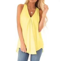 Women's Blouses Women Sleeveless Tops Ladies Summer Pure Color Loose Hem Chiffon Shirt Deep V Neck Temperament Trendy Shirts