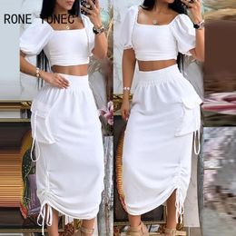 Work Dresses Women Elegant Soild Short Sleeves T-shirt Shirring Pocket Elastic Wasit Midi Skirt Sets