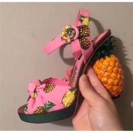 Women Newest Fashion Printed Platform Strange Open Toe Pink Pineapple Sandals 079
