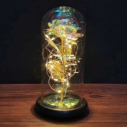 Decorative Objects Figurines Coloured Rose Artificial Flower LED Lamp Glass Cover Decoration Valentines Day Gift H240521 CL09