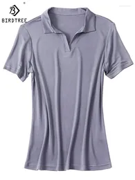 Women's T Shirts BirdTree 30%Real Silk T-Shirts Women Lapel Solid Short Sleeve Slim Simple Comfortable Casual Tees 2024 Spring Top T41859QD