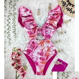 Women'S Swimwear Womens 2023 Print Deep V-Neck Ruffle Swimsuit Push Up One Piece Beach Wear Backless Monokini J230506 Drop Delivery Dhn5F