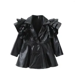 Jackets Autumn Winter Girl Jacket PU Leather Fashion Design Streetwear Baby Girls Clothes Coat Trench Long Ruffle Children Kids Outfits