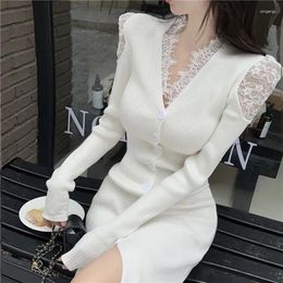 Casual Dresses Autumn Women Lace Splicing Knitted Party Dress Elegant Fashion Sexy V-Neck Long Sleeve Single Breasted Bodycon Sweater