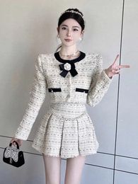 Work Dresses High Quality Small Fragrance Tweed 2 Piece Set Women Short Jacket Coat Crop Top Skirt Suits Beading Two-piece