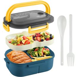 Portable Sealed Lunch Box 2 Layer Mesh Kids Leak Proof Bento Snack with Cutlery Microwave Safe Food Storage Container y240514