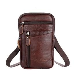 Vintage genuine leather mens waist pack fashion mobile phone business belt pouch cowhide shoulder messenger bag 240522