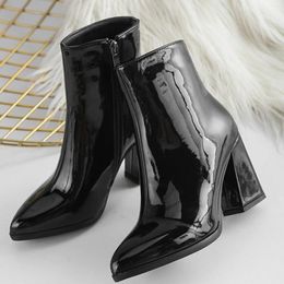 Boots 2024 High Heels Women Short Elegant Pointed Toe Office Lady Shoes Woman PU Leather Side Zipper Autumn Winter