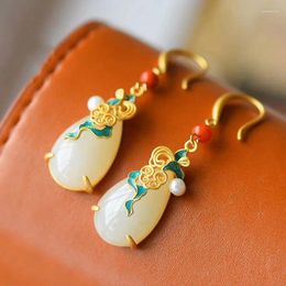 Dangle Earrings Ethnic Style Sterling Silver Cloisonne Inlaid Hetian Jade Water Drop Women's Long Classical Temperament To Giv