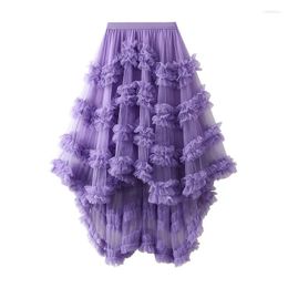 Skirts Purchase Candy Colour Elastic Waist Fairy Air Mesh Half Skirt Fluffy Irregular Ruffle Edge Cake A-line