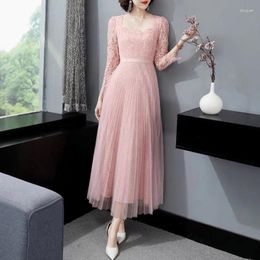 Casual Dresses Sexy Low Cut Square Neckline 3/4-Sleeved Pleated Ankle Length Pink Lace Dress