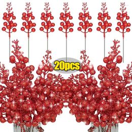 Decorative Flowers 1-20Pcs Glitter Artificial Red Berry Stems Christmas Fake Branches DIY Xmas Tree Garland Decoration Party Table Ornaments