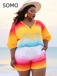 Women's Tracksuits SOMO Plus Size Women 2 Piece Printed Summer Beach Shorts Set Single Button V-neck Outfit Suits Short Sleeve 2024