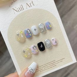 10Pcs Handmade Kawaii Press on Nails Short Korean Cute Star Reusable Adhesive False Nails Acrylic Nail Tips Nail Art Y2k Girls 240522