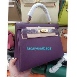 Genuine Leather Handbag Ky Shoulder Bags 2024 New Togo Top Layer Cowhide Original Bag with Lychee Pattern Inner Seam Wrapped in Sea One Purple Twith logo HBXW