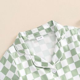 Fashion Children Boy Summer Pama Sets Loungewear Silk Satin Short Sleeve Lapel Checkerboard Print Shirt Shorts Kid Sleepwear