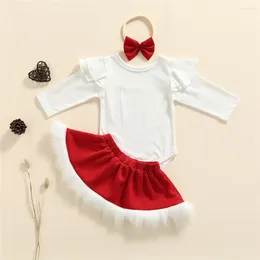 Clothing Sets Baby Girl Christmas Clothes Set White Bodysuit Romper Red Mini Skirt Headband 0-24M Born Infant Toddler Festival Costume 2024