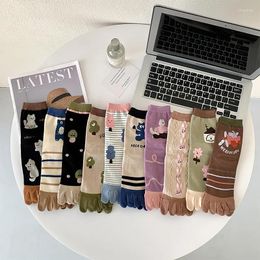 Women Socks Toe For Spring Summer Cotton Cartoon Bear Five Finger Girl Cute Kawaii Sweat Style Funny Middle Tube Crew Sock