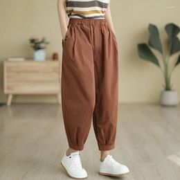 Women's Pants 2024 Summer Arts Style Women Elastic Waist Loose Ankle-length All-matched Casual Solid Cotton Harem C421