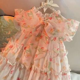 Children Girls Sleeveless Summer 2024 New Baby Super Fairy Floral Chiffon Girl Princess Dress