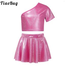 Clothing Sets Kids Girls Jazz Hiphop Dance Outfit Cheerleading Stage Performance Costume One Shoulder Metallic Shiny Crop Tops With Mini