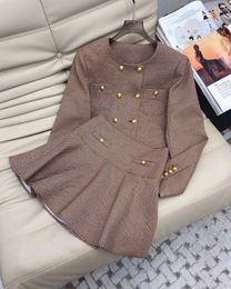 Work Dresses 2024 Autumn/Winter Thousand Bird Checker Pattern Round Neck Coat Double Pocket Gold Button Pleated Skirt Two Piece Sets