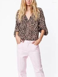 Women's Blouses Women Smocked Viscose Blouse Leopard Print V-Neck Loose Lace-up Tops Long Lantern Sleeve Casual Ladies Shirt